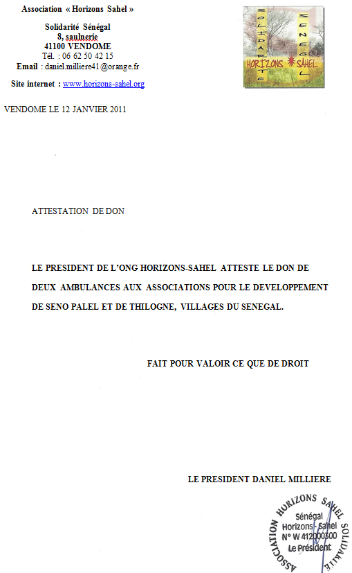 Attestation de don de deux ambulances